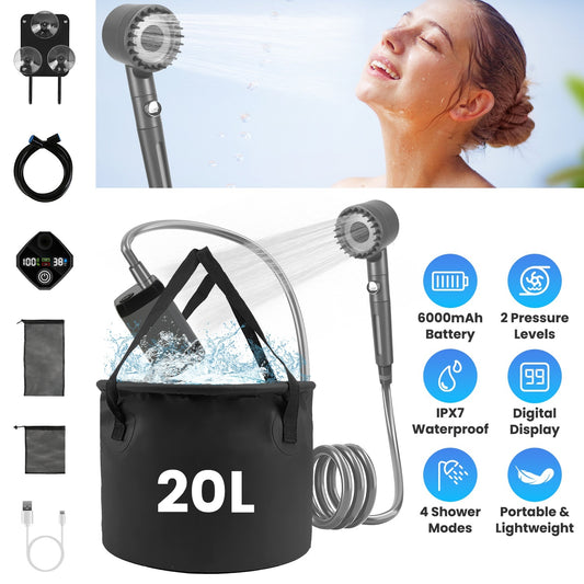 Portable Shower For Camping Include IPX7 Waterproof 6000mAh Rechargeable Shower Filtered Shower Head 5.3Gallon Foldable Bucket For Hiking Beach Travel Car Pet