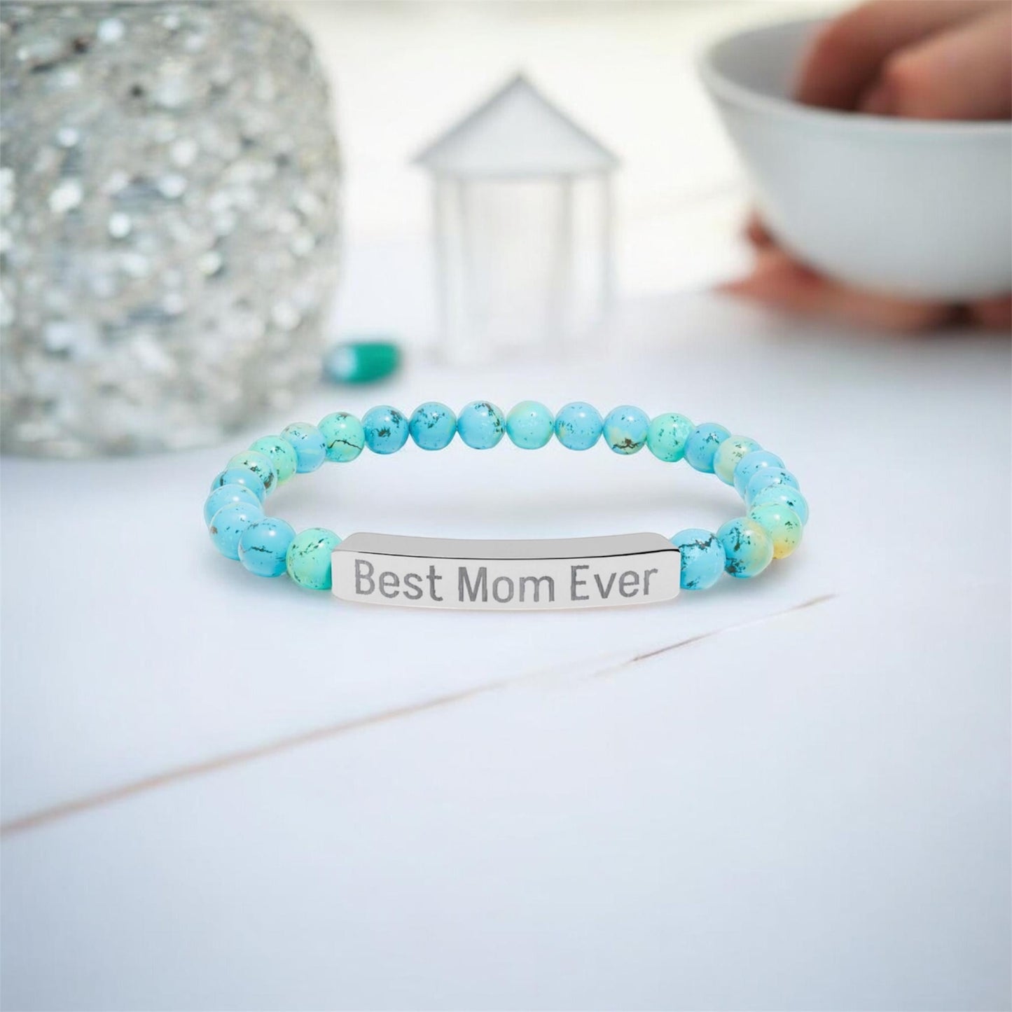 Natural Stone Stretch Bar Bracelet Personalize (Engraving) Mother's Day